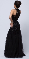 High Neck Beaded Bodice Mermaid Style Mesh Long Prom Dress back