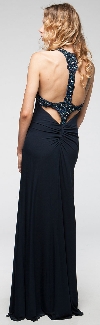 Plunging Neckline Formal Prom Dress with Bejeweled Back back in Navy