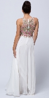 Sleeveless Floral Accent Beaded Top Long Prom Dress back in Ivory/Pink