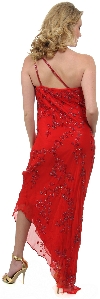 One Shoulder Prom Dress with Beaded Miniature Flowers back in Red