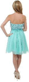 Strapless Sequin Flower Bodice Tulle Short Prom Dress Aqua, back view with zipper closure