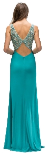 Boat Neck Jewel Mesh Top Long Formal Prom Dress back