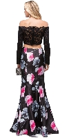 Off-the-Shoulder Lace Top Floral Skirt Two Piece Prom Dress back in Black