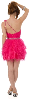 One Shoulder Tiered Skirt Mesh Short Prom Dress  back in Fuchsia