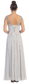 V-Neck Bejeweled Bust & Shoulders Long Formal Evening Dress back in Silver