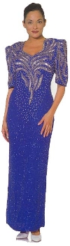 Half Sleeved Full Length Beaded Gown in Royal/Silver