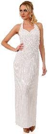 Main image of Halter V-Neck Leafy Bodice Beaded Long Formal Dress