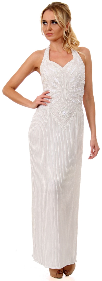 Halter V-Neck Leafy Bodice Beaded Long Formal Dress