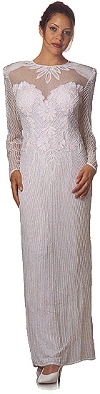 See Thru Bodice and Long Sleeved Beaded Dress in White color