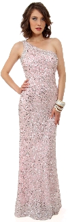 One Shoulder Bare Back Sequined Long Formal Prom Dress in Pink/Silver