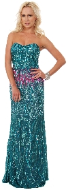 Sparkling Sequin Strapless Sheath Evening Gown in Emerald Green/Fuchsia