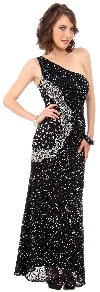 Long Sequined Formal Prom Dress with Rhinestones Waist in Black/Silver
