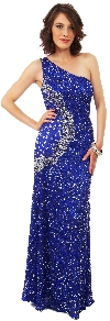 Long Sequined Formal Prom Dress with Rhinestones Waist in Royal/Silver