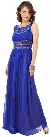 Round Neck Empire Cut Sequined Floor Length Prom Dress in Royal Blue/Gold