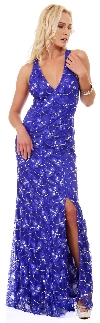 Halter Neck Beaded Mesh Long Formal Prom Dress in Royal Blue