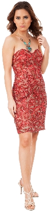 Strapless Leaves Pattern Short Beaded Homecoming Party Dress in Red/Brown