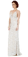 Spaghetti Straps V-Neck Sequins Long Formal Prom Dress in Ivory/Gold