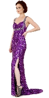 Broad Straps Front Slit Sequined Long Formal Prom Dress in Purple/Silver