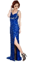 Broad Straps Front Slit Sequined Long Formal Prom Dress in Royal Blue