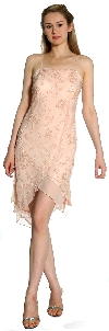 Knee Length Beaded Cocktail Party Dress with Asymmetric Hem in Peach