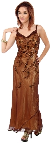 Cowl Neck Double Straps Long Beaded Formal Dress in Bronze