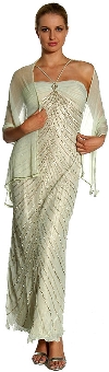 Full length Beaded Evening Dress with Shirred Bust in Sage