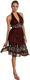Halter Neck Silk Beaded Cocktail Dress in Brown