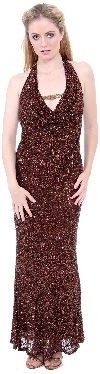 Halter Neck Low Back Sequined Formal Dress in Brown/Copper