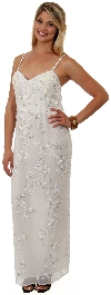 Floral Spaghetti Beaded Evening Dress with Jacket Ivory/Silver without Jacket
