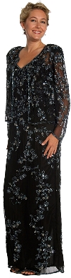 Floral Spaghetti Beaded Evening Dress with Jacket Black/Silver with Jacket