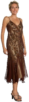 Medium Length Flared Beaded Formal Cocktail Dress in Brown color