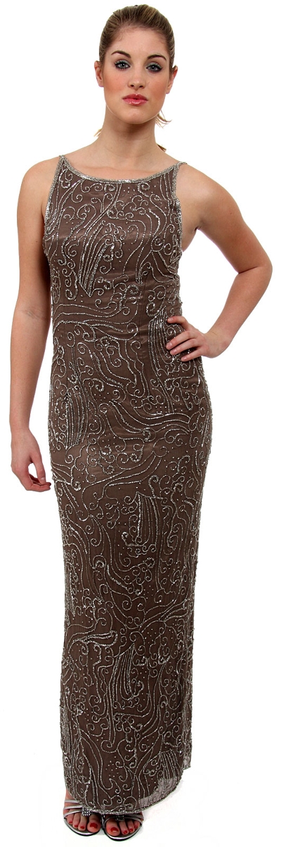 Boat Neck Long Formal Dress with Artistic Beaded Design
