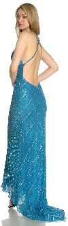 Crossed Bare Back Multi Beaded Formal Gown in Teal/Silver