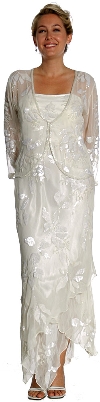 Mettalic Leafy Formal Mother of the Bride Dress with Jacket in Ivory color with Jacket