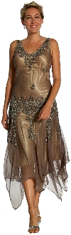 V-Neck Beaded Silk Mother of the bride Dress with Jacket in Brown/Silver