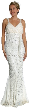 Wrap Style Shirred Bodice Formal Dress with Flared Bottom in Ivory color