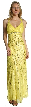 Deep V-Neck Crossed Back Sequined Long Formal Prom Dress in Lemon