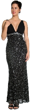 Studded Empress Formal Prom Dress with Shirred Bust in Black/Silver