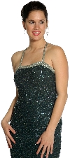 Bejeweled Shimmer Prom Dress with Elegant Back Design in Hunter Green close up