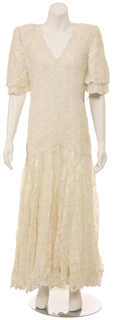 A-line Medium Length Lace Gown with Pearls Beadwork