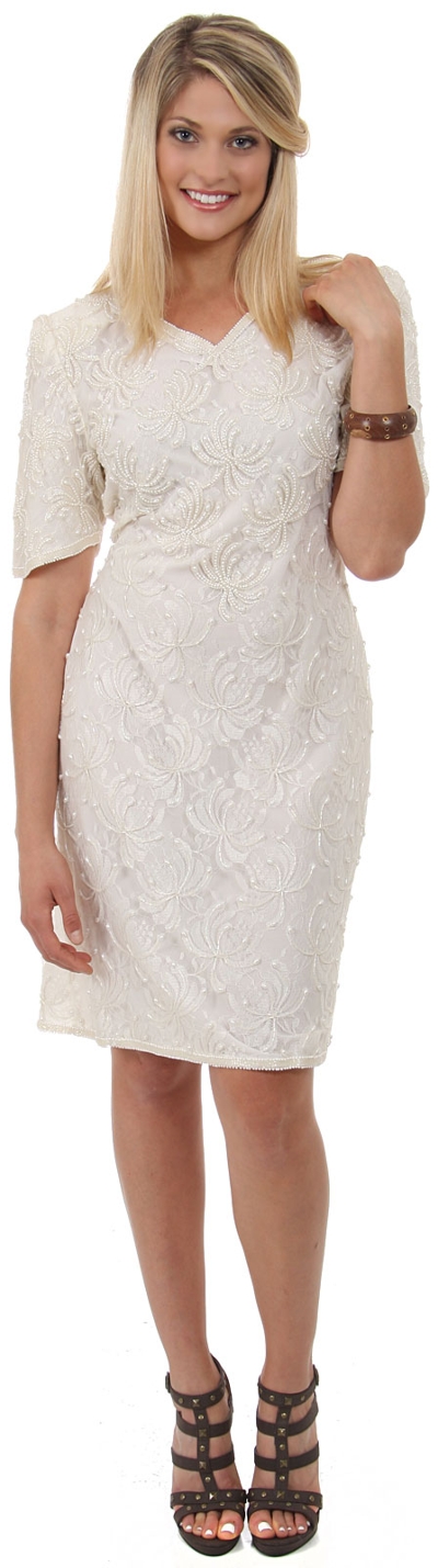 V-Neck Half Sleeves Beaded Cocktail Formal Dress