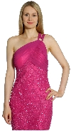One Shoulder Shirred Bodice Sequined Formal Dress in Fuchsia closeup
