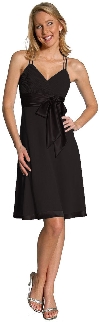 Spaghetti Strap Shirred Satin Bow Party Dress in Black