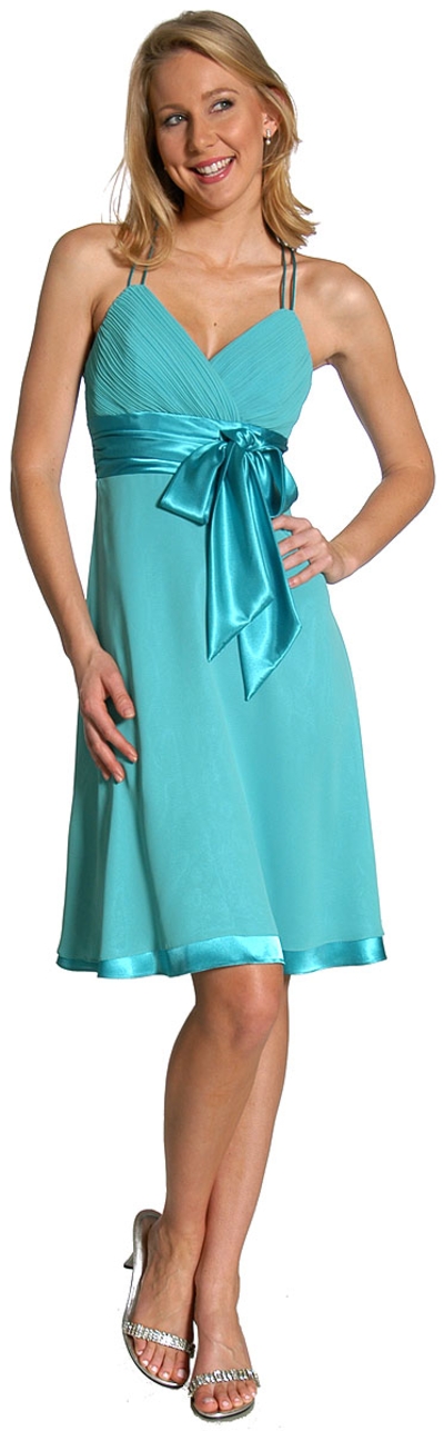 Spaghetti Strap Shirred Satin Bow Party Dress