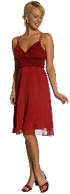 Spaghetti Strap Shirred Chiffon Party Dress in Dark Red color