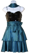 Sequined & Ribbon Bow Short Party Dress in Black/Teal