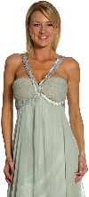 Sage Silk Chiffon Empire Midi Dress with Satin Trim close-up of chevron satin trim and shirred bust
