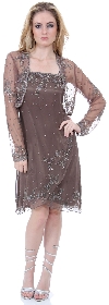 Main image of Spaghetti Straps Beaded Formal Dress with Sheer Mesh Jacket