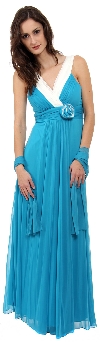 V-Neck Two Tone Long Formal Bridesmaid Dress in Turquoise/Ivory