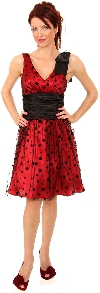 V-neck Short Polka Dot Party Dress   in Black/Red